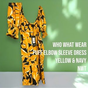 NWT • Who What Wear Women’s Puff Elbow Sleeve Dress • yellow & navy • size M